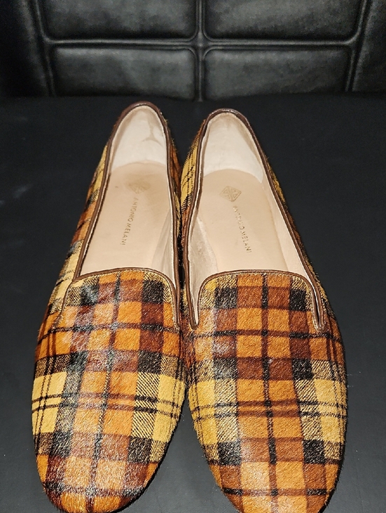 ANTONIO MELANI Shoes - ANTONIO MELANI Yellow and Brown Plaid Calf Hair Women's Loafers Size 9